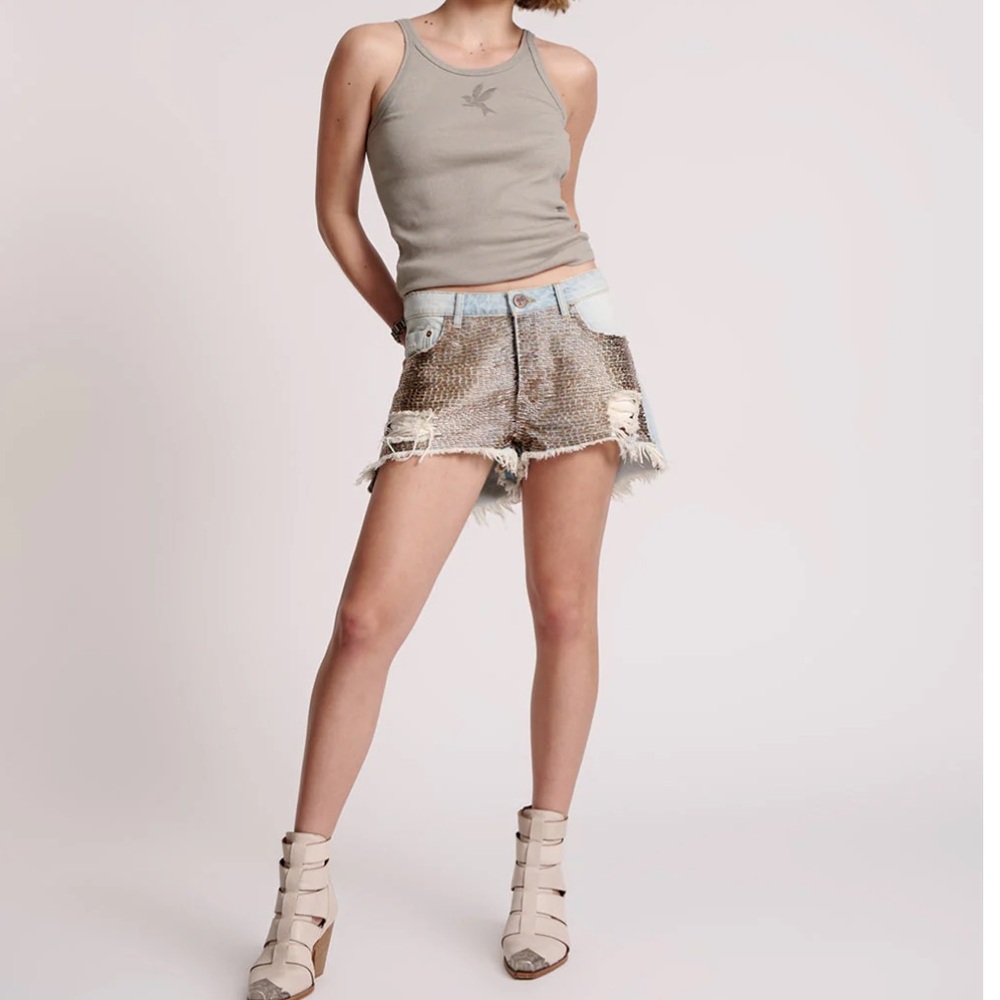 Le Wolves Mid Waist Denim Shorts- light blue sequin